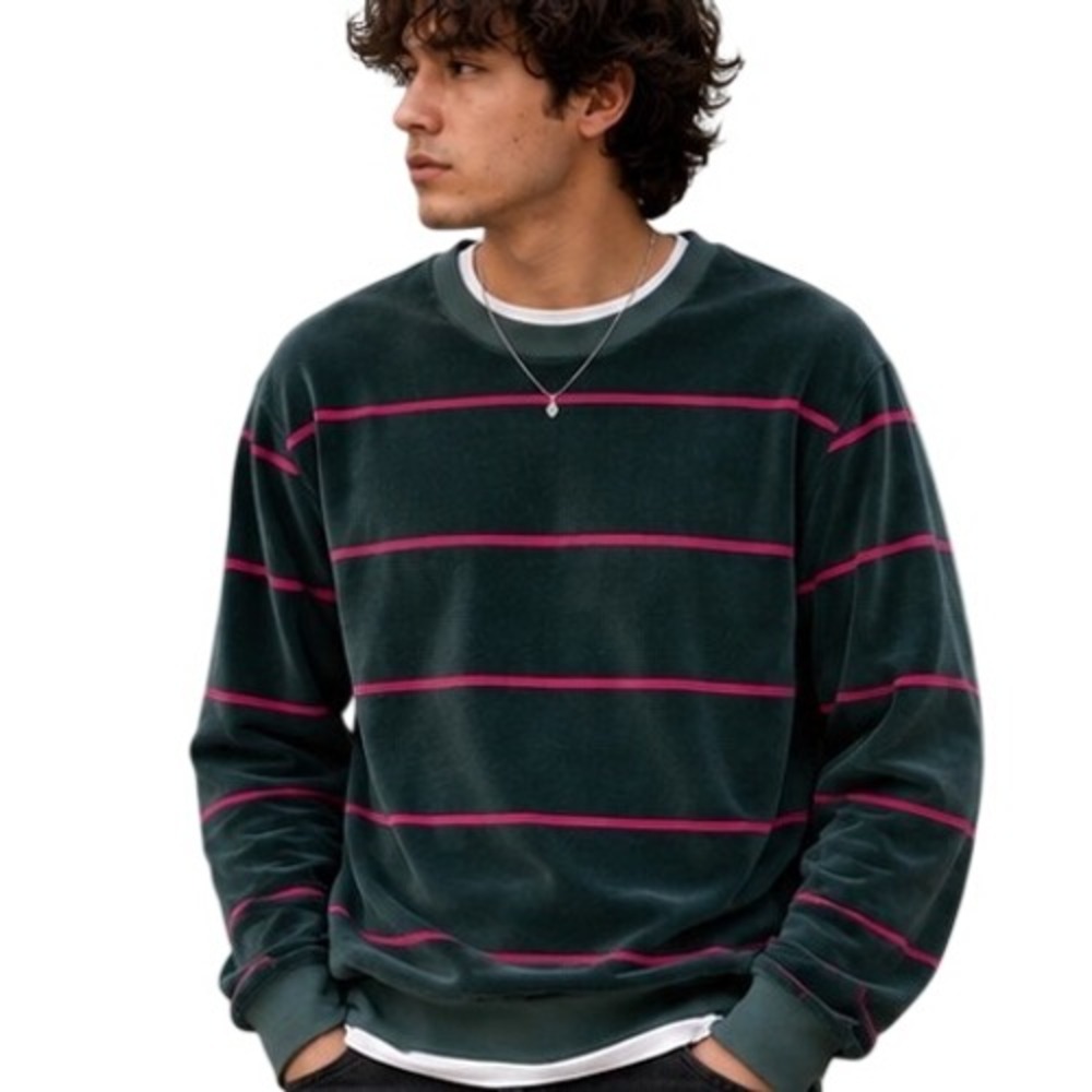 Stussy 90's Velour Stripe Sweatshirt Green Pink Crewneck Men's Small Skater SONY
